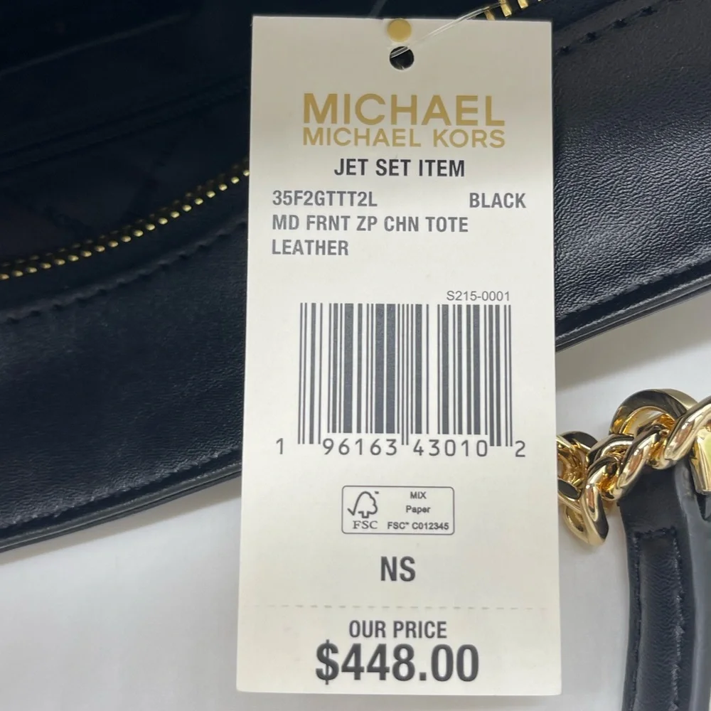 Michael Kors Jet Set Medium Front Zip Pocket Chain Top Zip Tote Bag Black